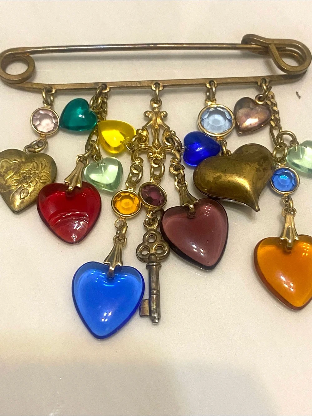Vintage Glass Heart Multi Color Safety Pin Charm Brooch